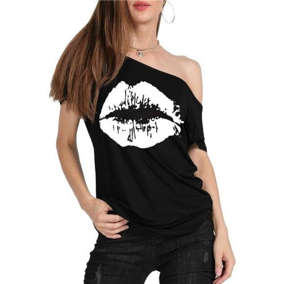 Plus Size Off Shoulder Lips Print Top Casual Short Sleeve Graphic T Shirt - Picture 4 of 8